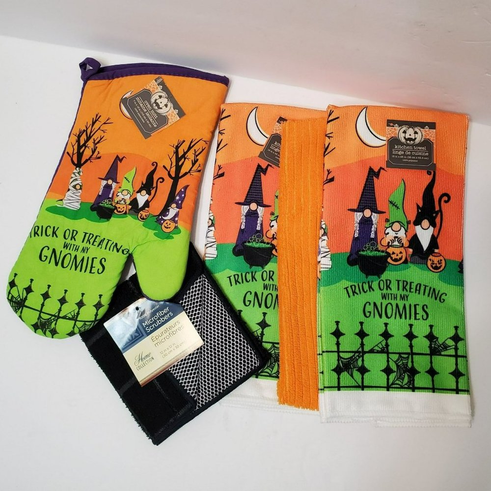 Halloween Gnome Kitchen Set of 5 Towels Mitt, Trick or Treating with Gnomies NEW